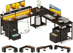 66" L-Shaped Computer Desk with File Cabinet, LED Lights & Power Outlet