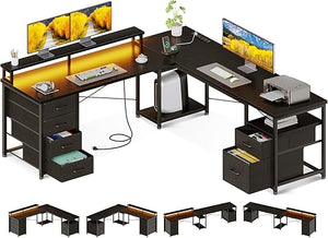 66" L-Shaped Computer Desk with File Cabinet, LED Lights & Power Outlet