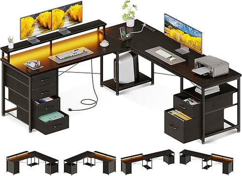 66" L-Shaped Computer Desk with File Cabinet, LED Lights & Power Outlet