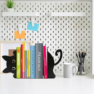 Black Cat Peeking Metal Bookends with Fridge Magnets, 4-Piece Set