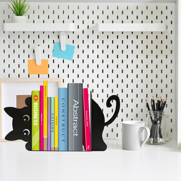 Black Cat Peeking Metal Bookends with Fridge Magnets, 4-Piece Set