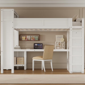 Queen Loft Bed with Desk, Wardrobe & Charging Station – White Wood