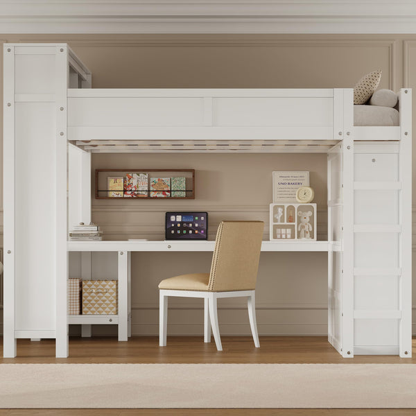 Queen Loft Bed with Desk, Wardrobe & Charging Station – White Wood
