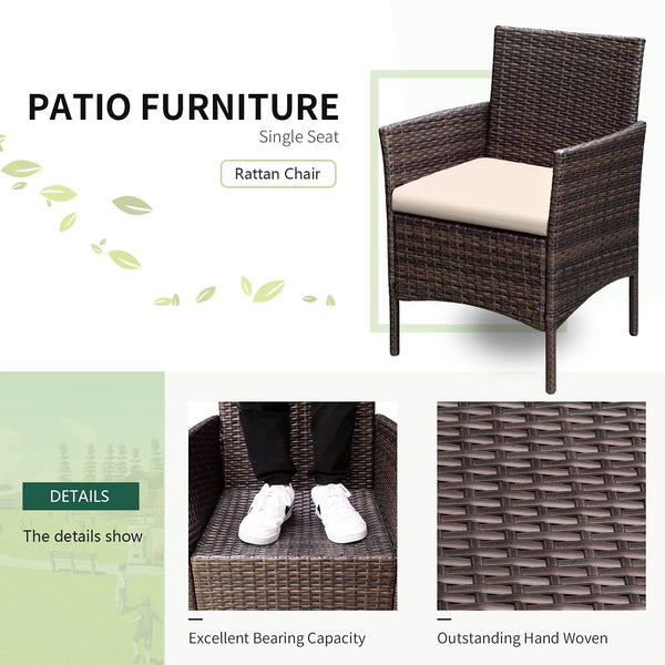 3-Piece Outdoor Rattan Patio Furniture Set with Cushions & Glass Table