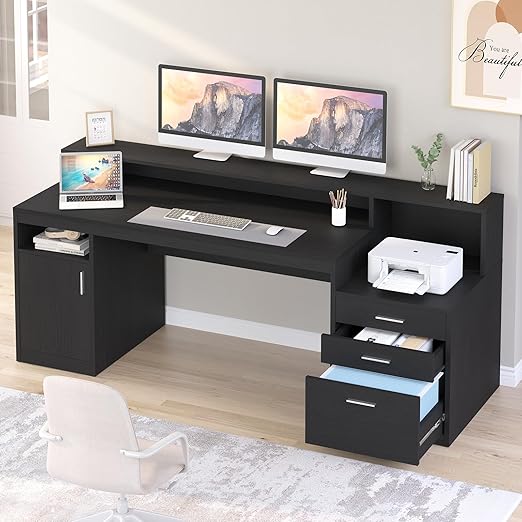 65 Inch Computer Desk with File Cabinet, Storage Shelves & Monitor Stand