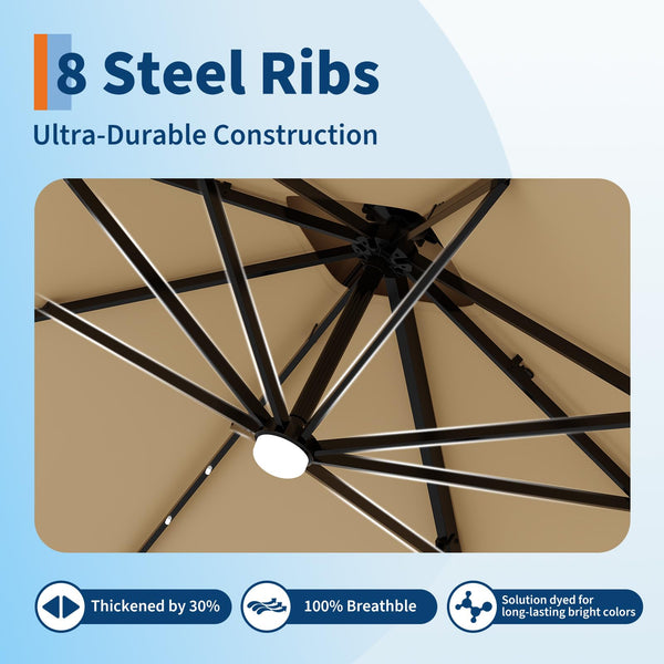 10 ft Cantilever Patio Umbrella with Solar LED Lights & 360° Rotation