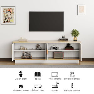 PROXRACER Rattan TV Stand for 65 Inch TV, Boho Media Console with 4 Woven Cane Doors, Modern Farmhouse Entertainment Center, Low Profile TV Cabinet with Storage for Living Room, White & Light Wood