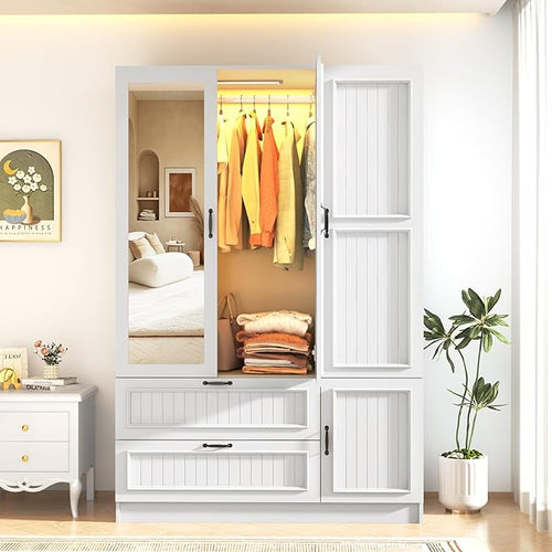3-Door Wardrobe Armoire with Mirrors, LED Lights & 2 Drawers – Black