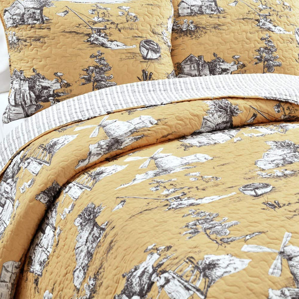 French Country Toile Reversible Cotton Quilt Set — King, Yellow/Gray