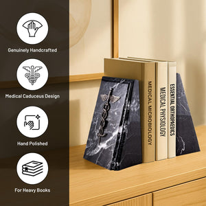 Zebra Marble Caduceus Bookends with Engraving – Set of 2