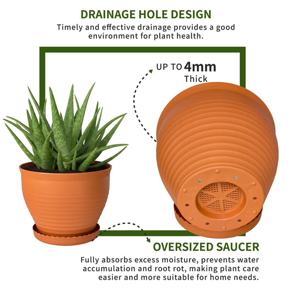 Large Round Plastic Planters with Drainage and Saucers – Set of 2