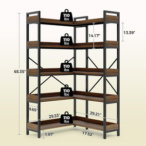 5-Tier L-Shaped Corner Bookshelf with Metal Frame