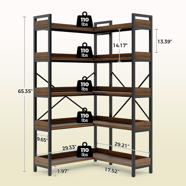 5-Tier L-Shaped Corner Bookshelf with Metal Frame