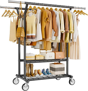 Heavy Duty Rolling Clothes Rack with Shelves