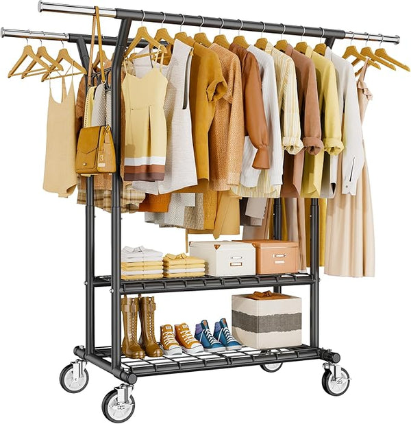 Heavy Duty Rolling Clothes Rack with Shelves