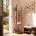 Rotating Solid Wood Coat Rack with 3 Shelves & 9 Hooks