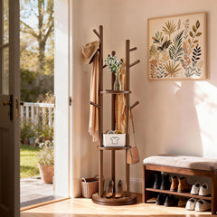 Rotating Solid Wood Coat Rack with 3 Shelves & 9 Hooks