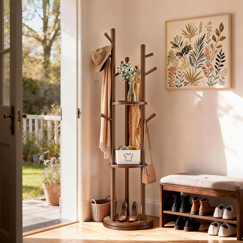 Rotating Solid Wood Coat Rack with 3 Shelves & 9 Hooks