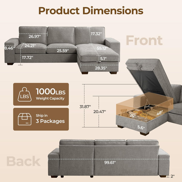 L-Shaped Sectional Sleeper Sofa with Chaise & 110L Storage