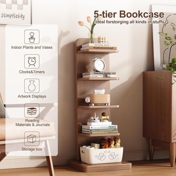 5-Tier Solid Wood Narrow Bookshelf