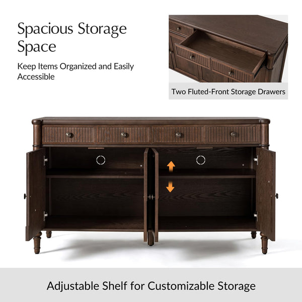 58" Wood Sideboard Cabinet with Fluted Drawers & 4 Doors