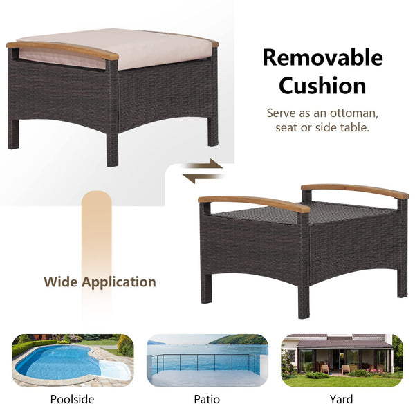 Outdoor Wicker Ottoman Set – 2 Piece Patio Rattan Footrest with Cushions
