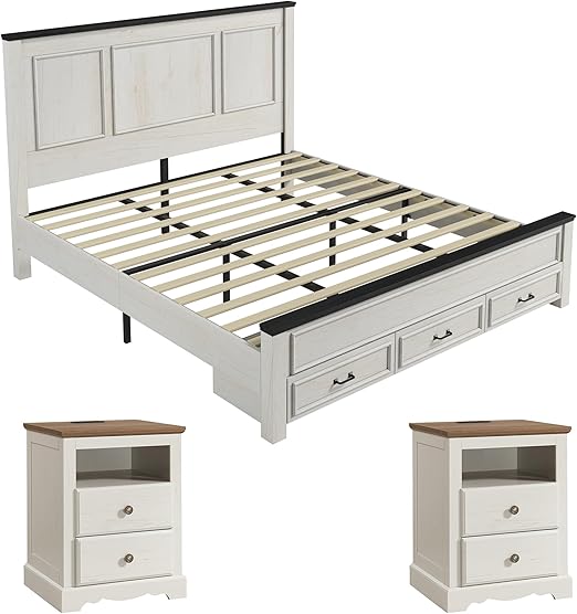 Farmhouse Bedroom Set with Platform Bed & Charging Nightstands