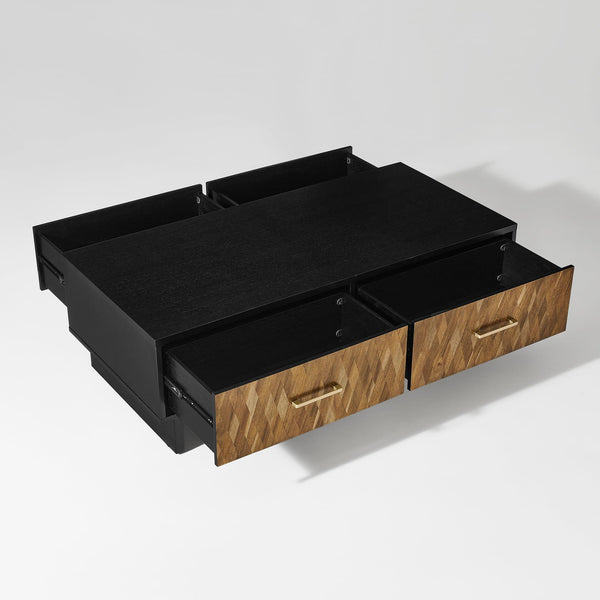 56" Storage Coffee Table with 4 Drawers | Solid Wood, Black Oak