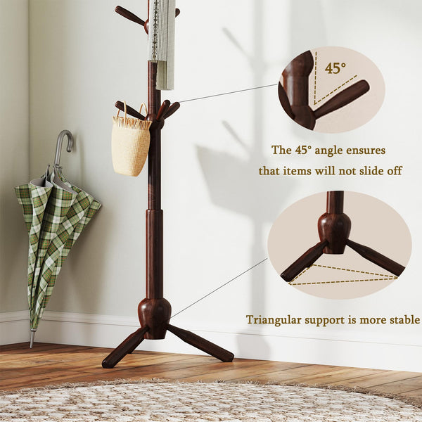 Solid Wood Coat Rack Stand with 9 Hooks & Adjustable Height