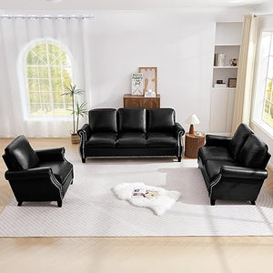 3-Piece PU Leather Sofa Set with Nailhead Trim