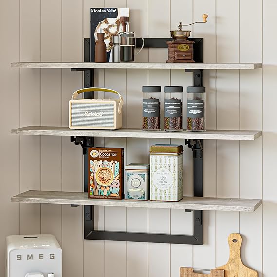3-Tier Foldable Wall Mounted Floating Shelf with Industrial Metal Brackets