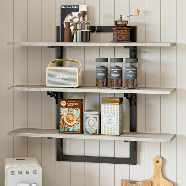 3-Tier Foldable Wall Mounted Floating Shelf with Industrial Metal Brackets