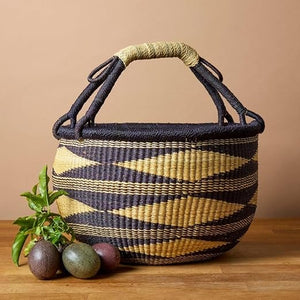 Round Wicker Storage Basket with Handle – Boho Elephant Grass Weave