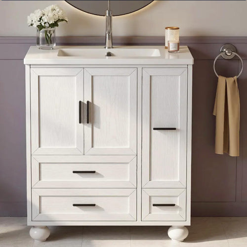 29.5" Bathroom Vanity with Sink, Hair Tool Drawer, 4 Drawers & 2 Doors – White