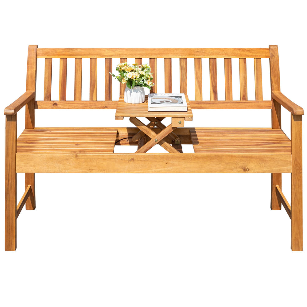 2-Person Acacia Wood Outdoor Bench with Foldable Table