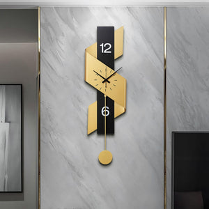 Large Modern Pendulum Wall Clock – Black & Gold Metal Analog