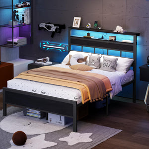 Full Size Bed Frame with LED Lights, Charging Station & Storage Headboard