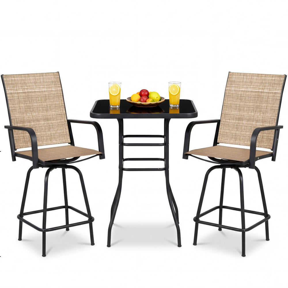 3-Piece Outdoor Patio Bar Set – High Top Table & 2 Swivel Bar Stools