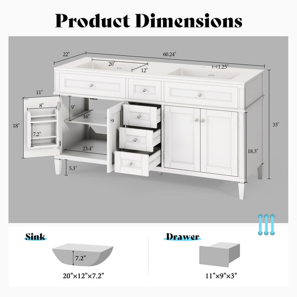 60-Inch Double Sink Bathroom Vanity with Storage Drawers