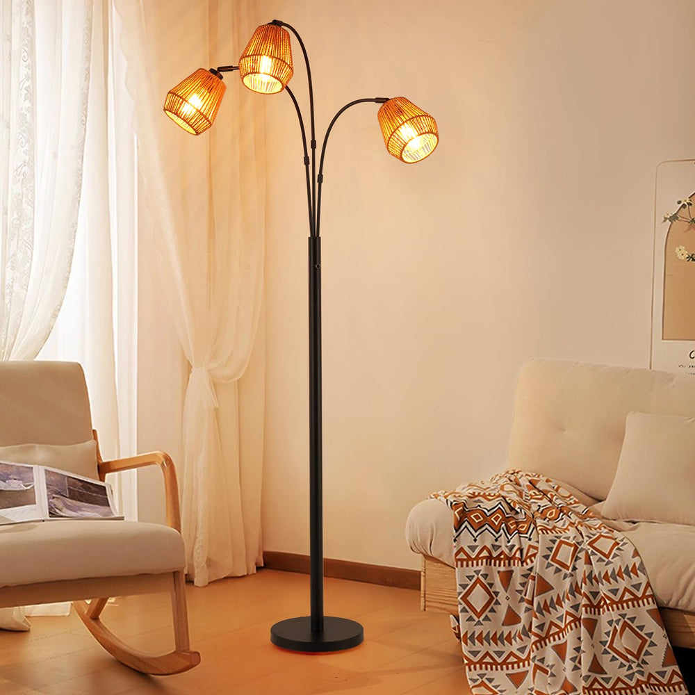 Arc Floor Lamp with Rattan Shades & Rotatable Arms