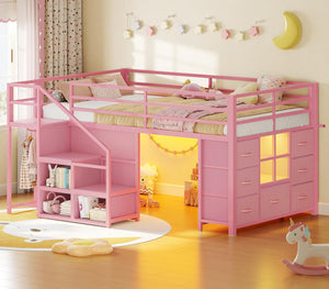 Kids Low Loft Bed Twin with Stairs, LED Lights & Storage