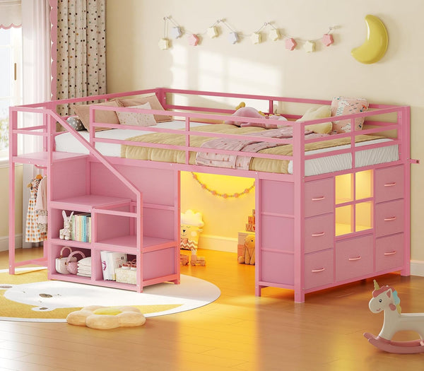 Kids Low Loft Bed Twin with Stairs, LED Lights & Storage