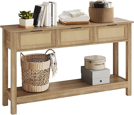 47" Rattan Console Table with 3 Drawers & Storage Shelf
