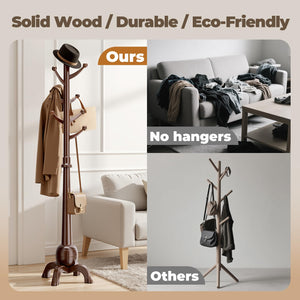 Solid Wood Freestanding Coat Rack with 8 Hooks