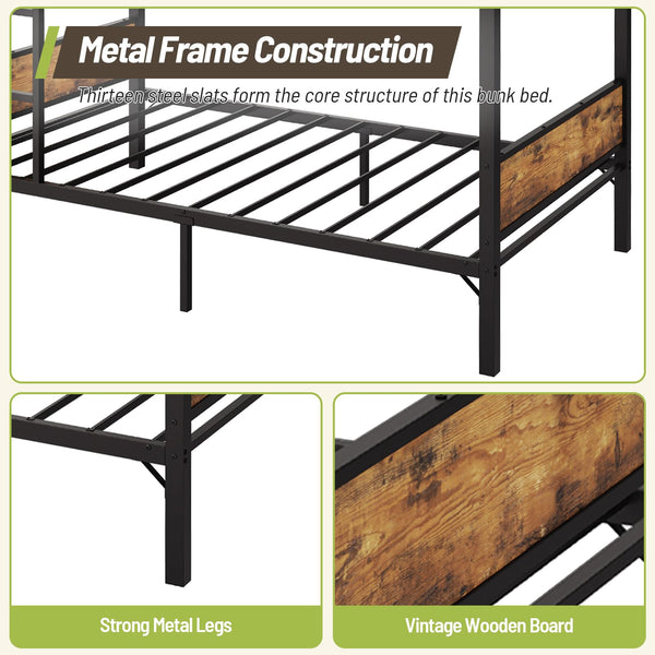 Twin Over Twin Metal Bunk Bed with Clothes Rail & Under-Bed Storage