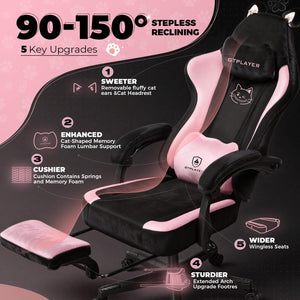 Velvet Gaming Chair with Cat Ears, Memory Foam Lumbar & Reclining Footrest