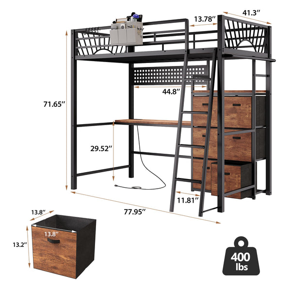 Twin Metal Loft Bed with Desk and Storage