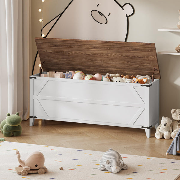 Farmhouse Toy Box Storage Bench with Safety Hinges – 47.2" Wooden Chest