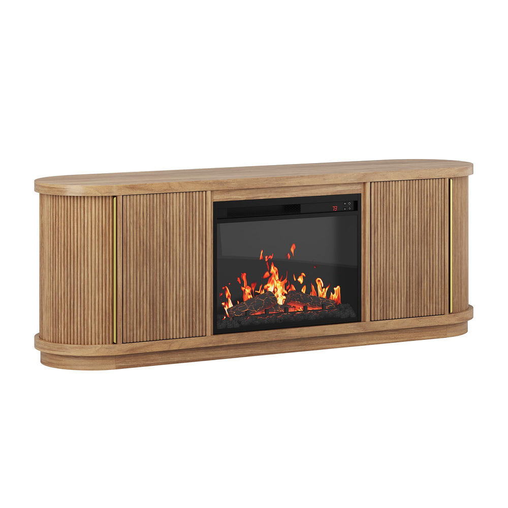 67" Fluted TV Stand with Electric Fireplace & Sliding Tambour Doors