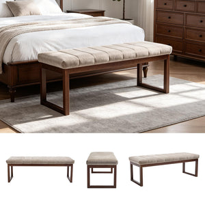 Chummaven 53'' Upholstered Chenille Entryway Bench, Channel Tufted End of Bed Bench Modern Ottoman with Walnut Wood Legs, Padded Window Bench with Storage for Bedroom, Living Room, Camel